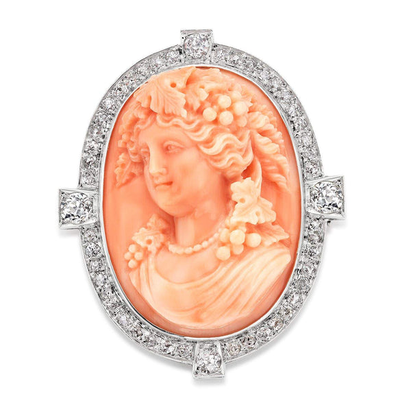 Exquisite Platinum And 18K Yellow Gold  Vintage Old Mine Cut Diamond Pink Coral Cameo Pin/Pendant