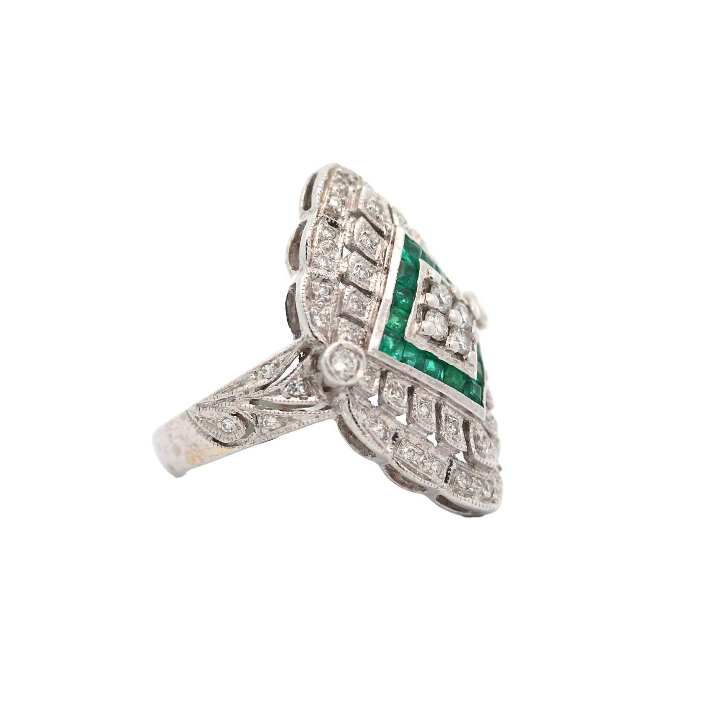 14kt White Gold Emerald and Diamond Vintage Style Ring