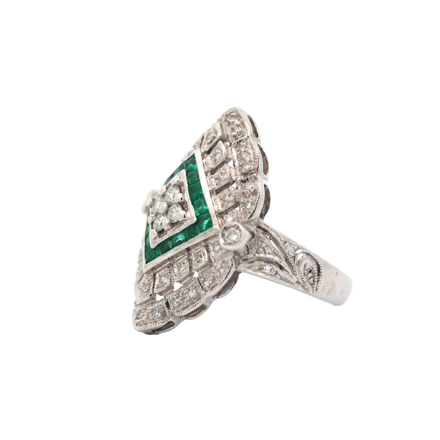 14kt White Gold Emerald and Diamond Vintage Style Ring