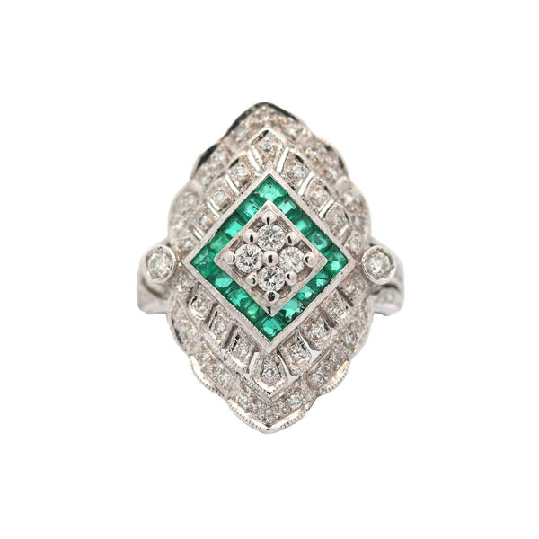 14kt White Gold Emerald and Diamond Vintage Style Ring