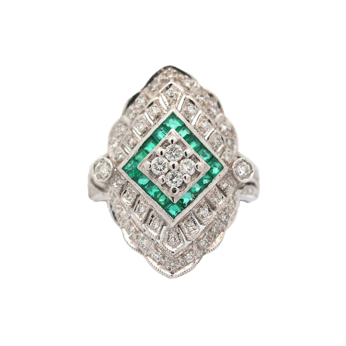 14kt White Gold Emerald and Diamond Vintage Style Ring