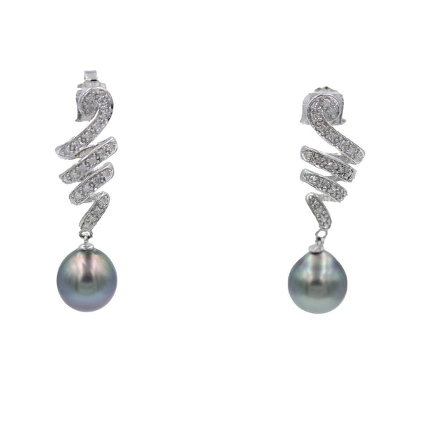 14kt White Gold Black Cultured Pearl and Diamond Drop Earrings