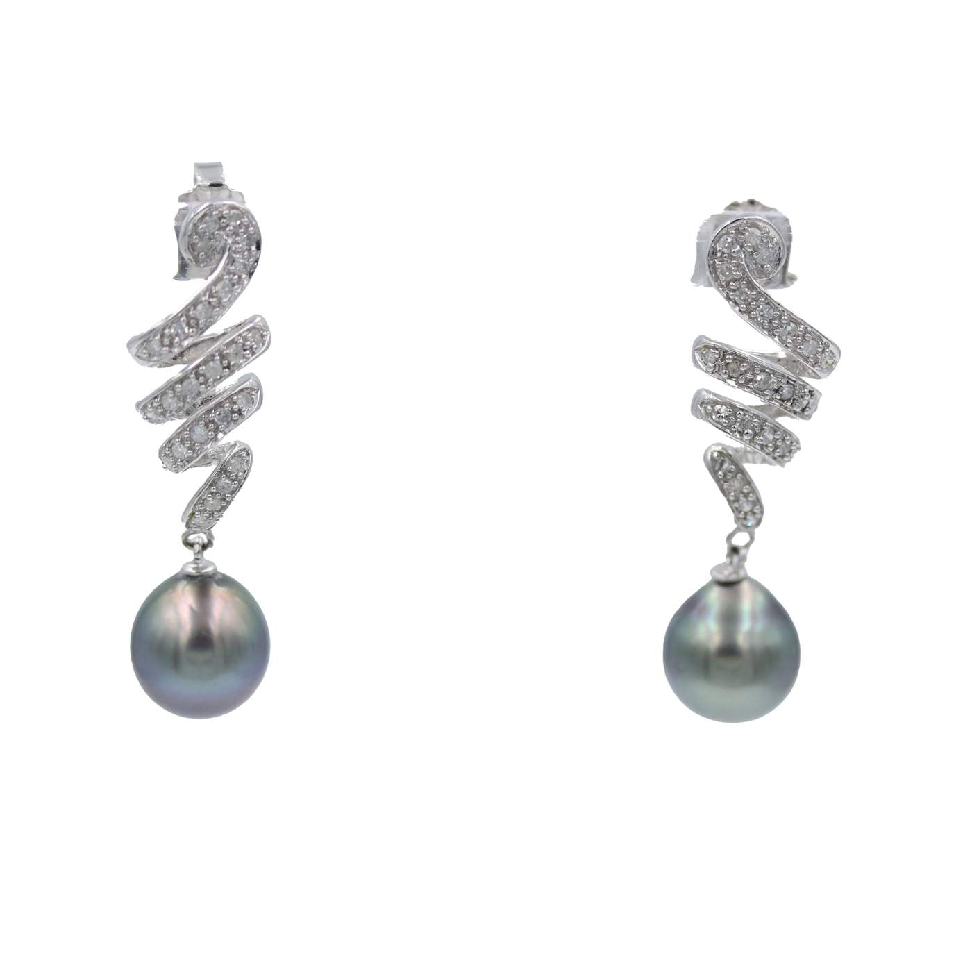 14kt White Gold Black Cultured Pearl and Diamond Drop Earrings