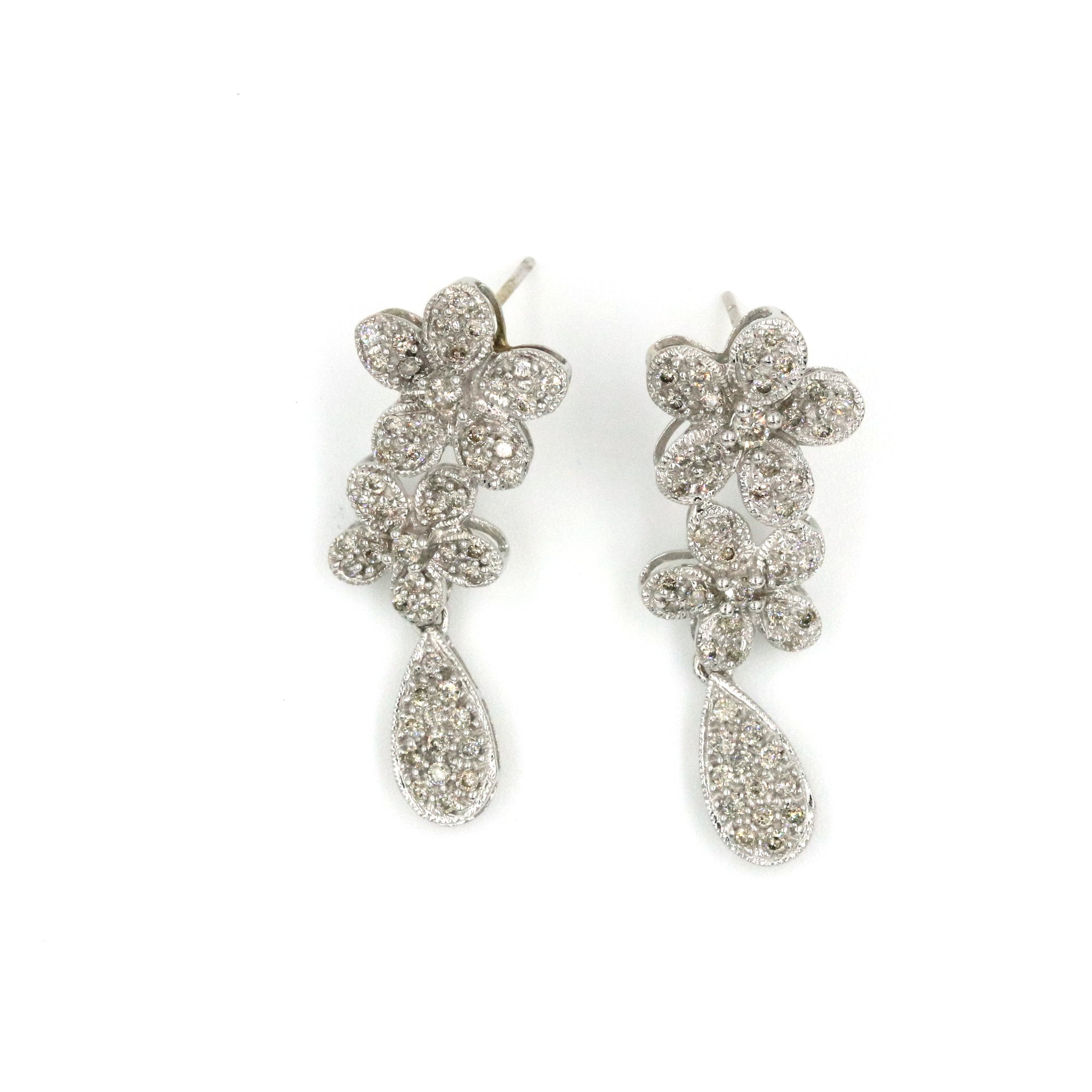 14kt White Gold Diamond Flower Drop Earrings