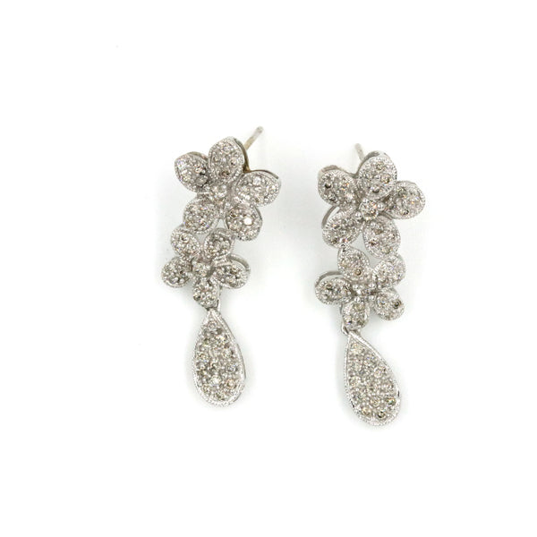 14kt White Gold Diamond Flower Drop Earrings