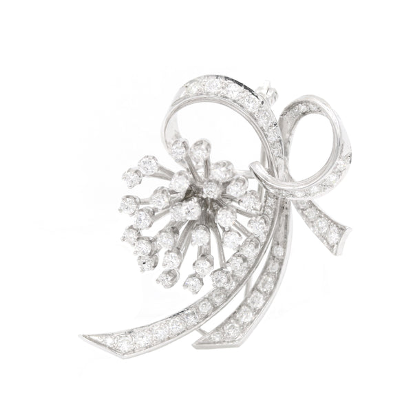 14K White Gold Vintage Diamond Bow Pin 72D=2.25Ctw, Springy Center Section