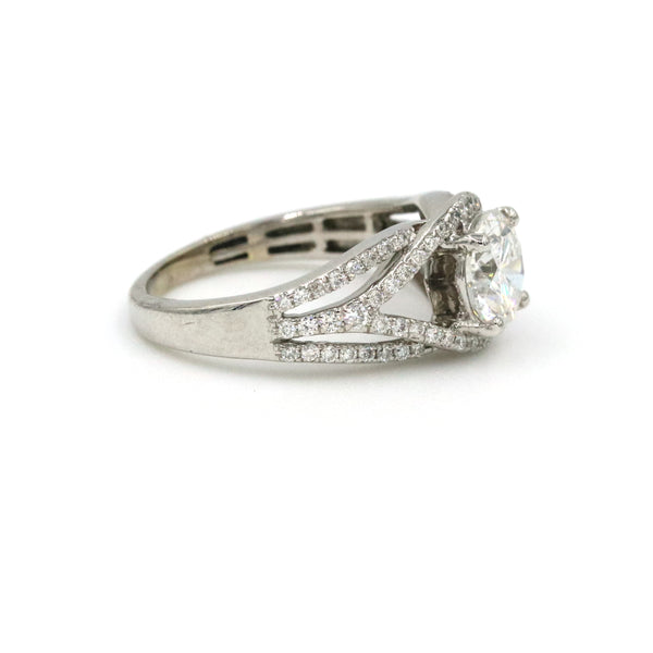 14K White Gold 1.48Ct (F/I1-I2) Round Diamond (7.20x7.26x4.54mm), Twist Semi-Mounting Ring With 72 Round Diamonds, Prong Set. 72D=~.75Ctw