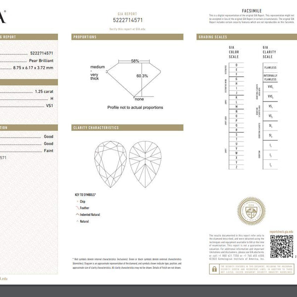 18K White Gold 1.25Ct (H/VS1) Pear Shape Diamond, GIA Inscribed On Girdle, 5 Prong Set. Pave Top And Sides Of Mounting 50D=~.52ctw