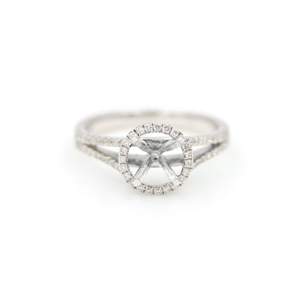 14kt White Gold Split Shank Halo Diamond Semi-Mount Ring