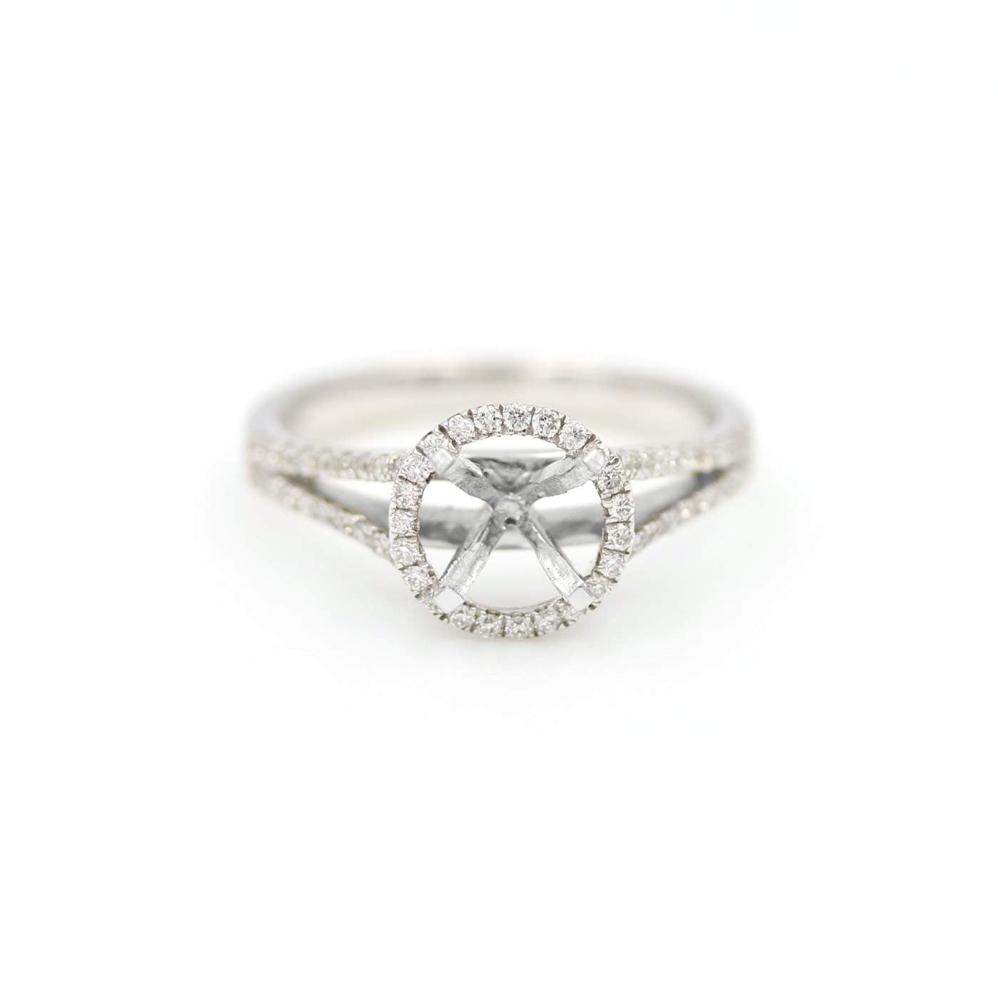 14kt White Gold Split Shank Halo Diamond Semi-Mount Ring