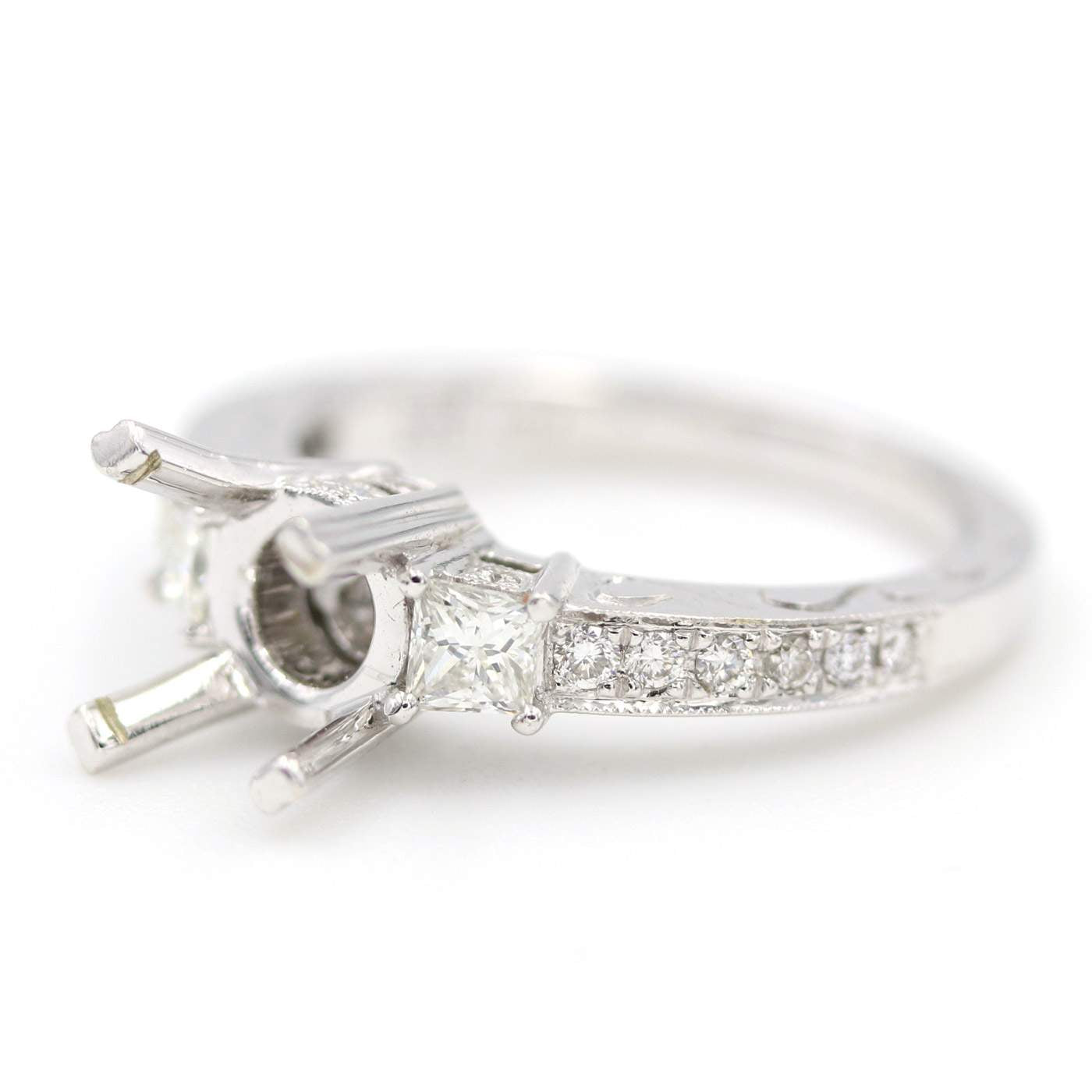 14kt White Gold Diamond Semi-Mount Ring with Trapezoid Side Diamonds