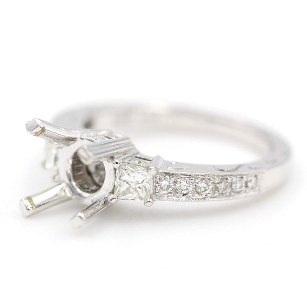 14kt White Gold Diamond Semi-Mount Ring with Trapezoid Side Diamonds