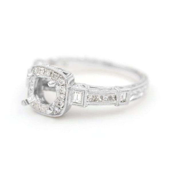 18K White Gold Kirk Kara ~.63ctw Princess Cut Baguette And Round Diamond Semi Mount  ( Ring New Condition Unworn) Provident Jewelery