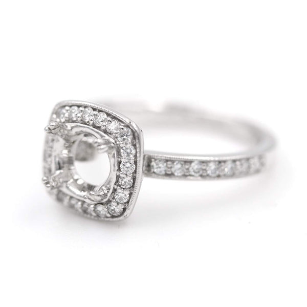 18K White Gold Ritani Cushion Halo Semi-Mount With 38 Round Brilliant Diamonds =~.41ctw - Provident Jewelry
