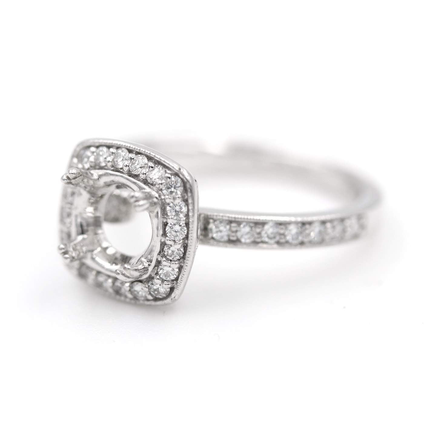 18kt White Gold Ritani Cushion Halo Diamond Semi-Mount Ring