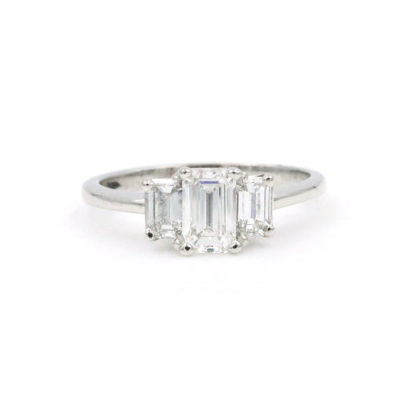 14K White Gold  3 Stone Emerald Cut Diamond Ring 1D=.81Ctw (F/VS) + 2D=~.60Ctw