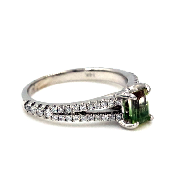 14kt White Gold Watermelon Tourmaline and Diamond Split Shank Ring