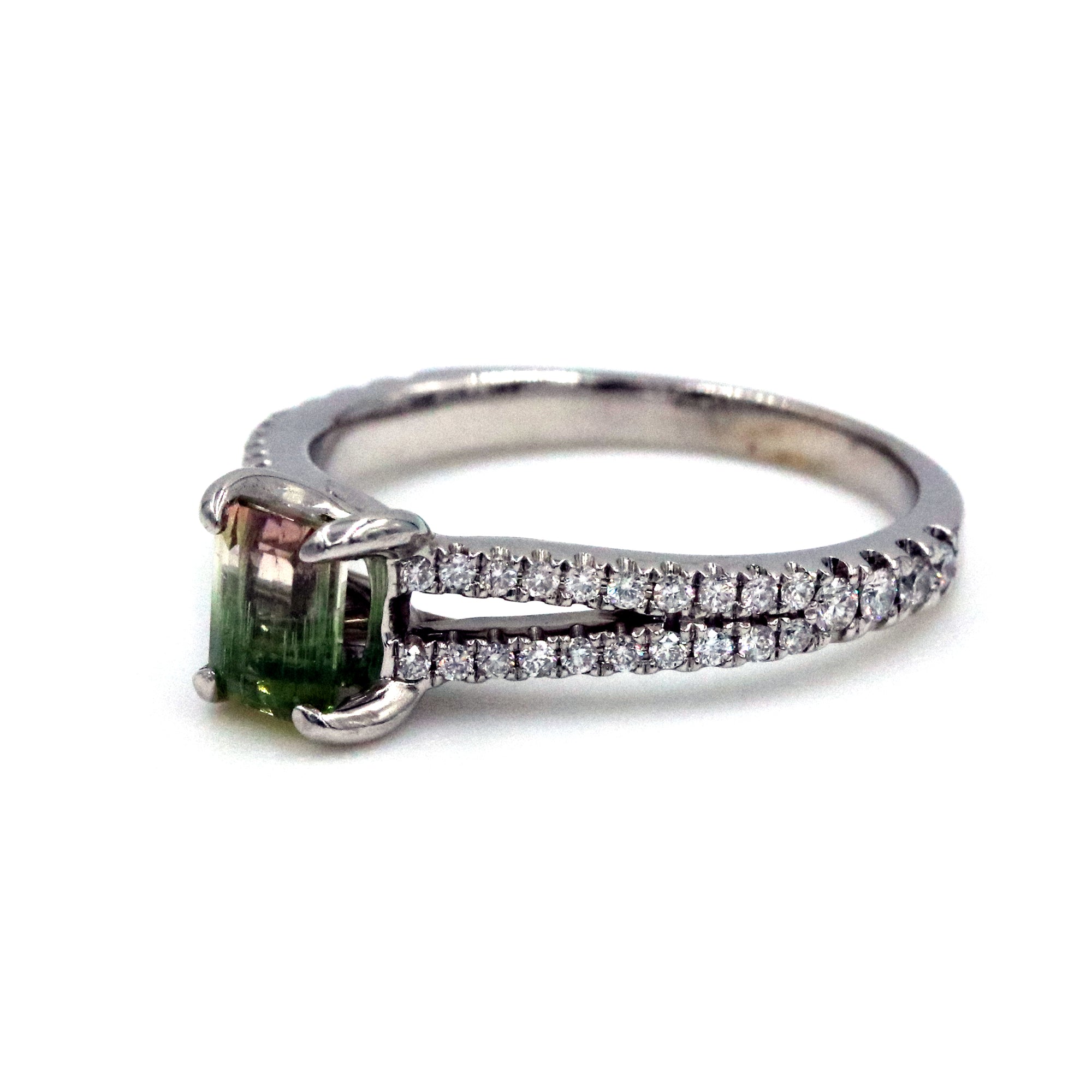 14kt White Gold Watermelon Tourmaline and Diamond Split Shank Ring