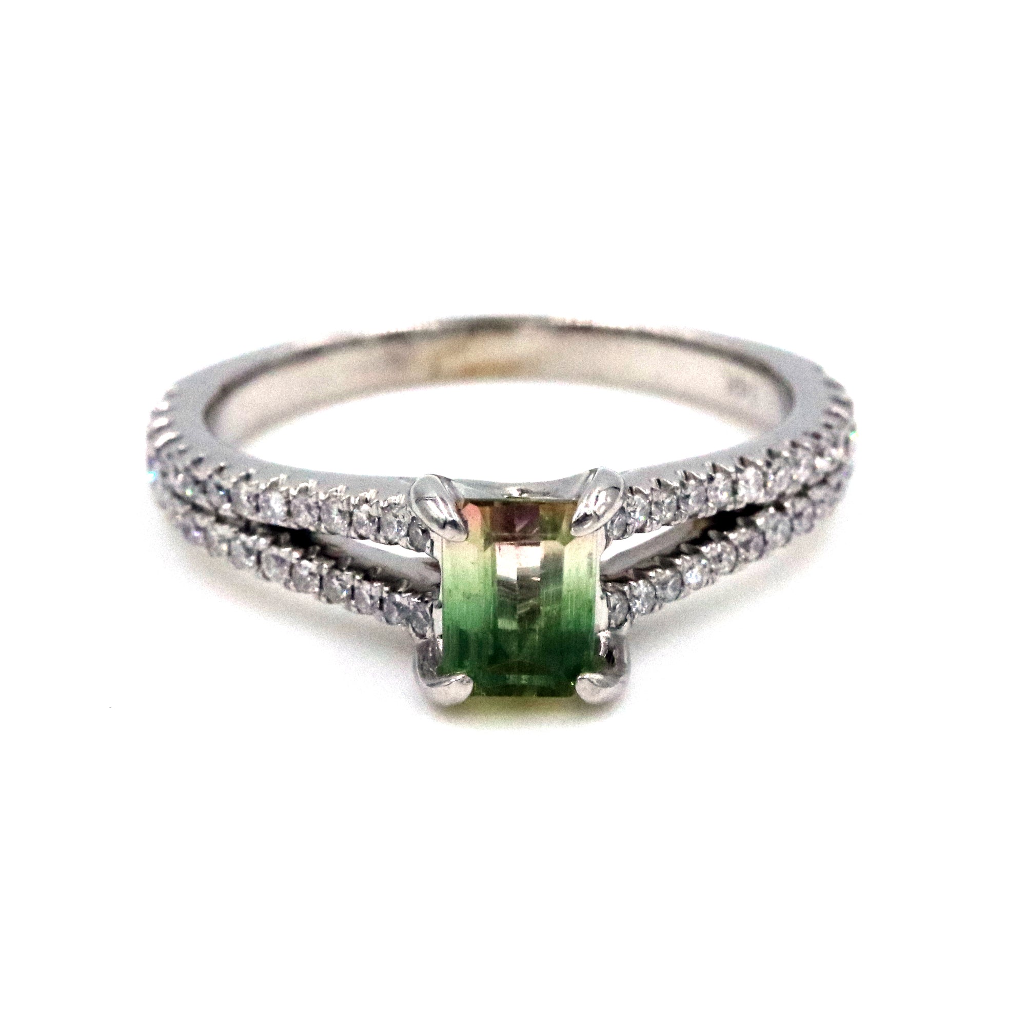 14kt White Gold Watermelon Tourmaline and Diamond Split Shank Ring