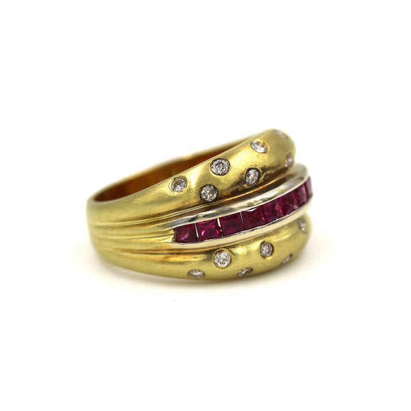 18K YG Levian Flush Set Diamond And Channel Set Ruby Ring. Provident Jewelery