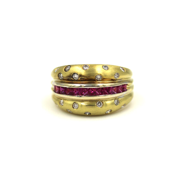 18K YG Levian Flush Set Diamond And Channel Set Ruby Ring. Provident Jewelery