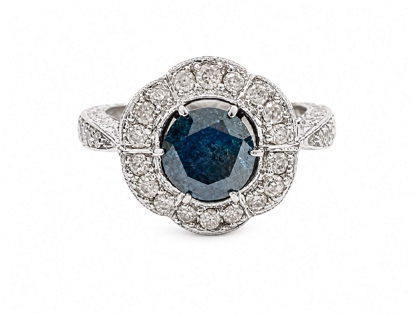 14K White Gold Irradiated Blue Diamond Halo Ring Etched Scroll Design 1D=~.90Ctw 28D=~.50Ctw