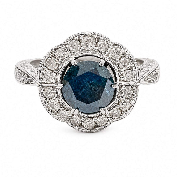 14K White Gold Irradiated Blue Diamond Halo Ring Etched Scroll Design 1D=~.90Ctw 28D=~.50Ctw