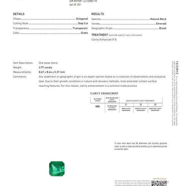 18K White Gold 2.97Ct  Octagonal Step Cut Emerald( GIA  Origin: Brazil) In Pave ~.63Ctw, Diamond Double Cut-Corner Square Halo Ring