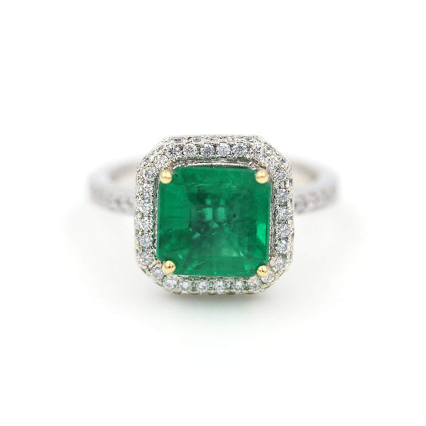 18K White Gold 2.97Ct  Octagonal Step Cut Emerald( GIA  Origin: Brazil) In Pave ~.63Ctw, Diamond Double Cut-Corner Square Halo Ring