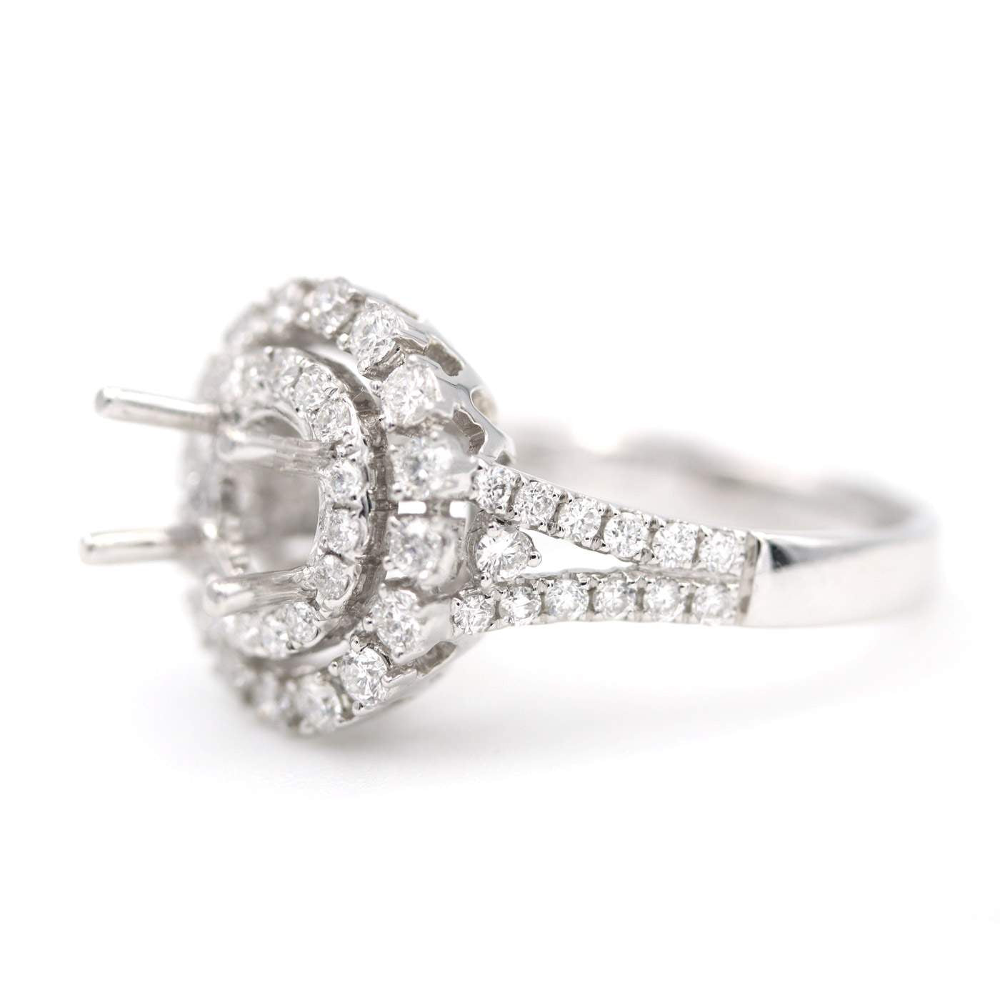 14K White Gold Double Halo Split Shank Diamond Semi-Mount