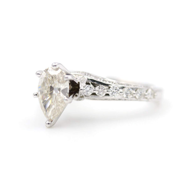 14K White Gold 1.58ct Pear Shape Diamond (L/VVS2) GIA Grading Report 2225714576, Inscribed On Girdle With Shared Prong Round Diamond Sides And Pave Criss Cross Profile Ring 76D=~.63Ctw
