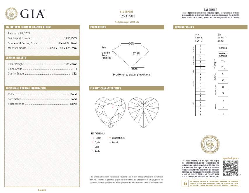 Platinum 1.81ct GIA  Heart Shaped Diamond Ring, (H/VS2  GIA Grading Report) Provident Jewelery