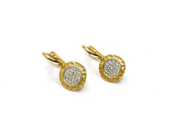 14K Yellow Gold Hammered Satin Lever Back Diamond Earrings