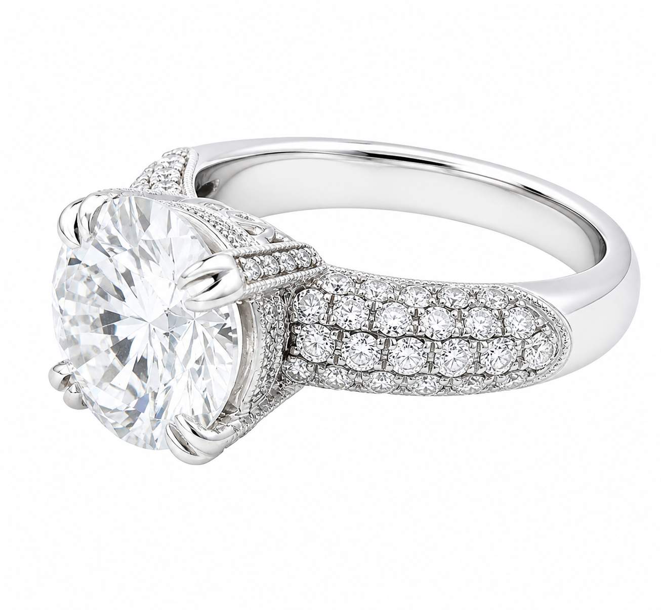 18K WG Pave GIA 3.70Ct Diamond Engagement Ring, Set in Diamond Mounting=~1.00Ctw