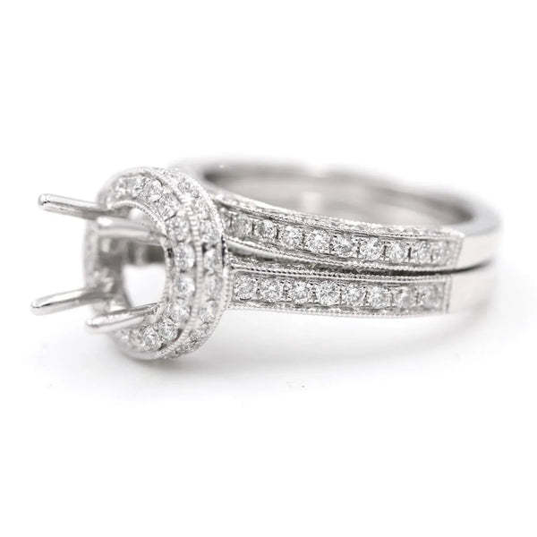 18K White Gold Halo 2.10Ctw Diamond Semi-Mount With Milgrain Bridal Set