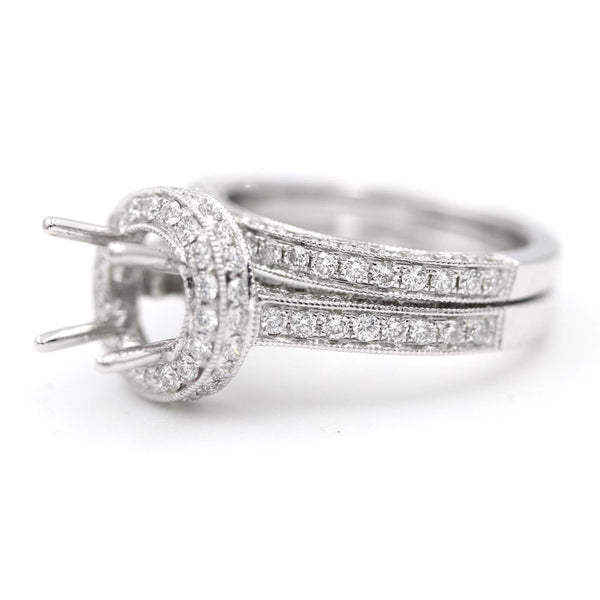 18K White Gold Diamond Halo Semi-Mount Bridal Set