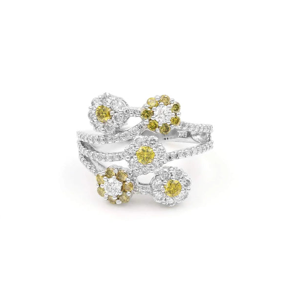 14K White Gold White Diamonds And Irradiated Yellow Diamonds Bypass Flower Cluster Ring. 73D=1.75Ctw - Provident Jewelry
