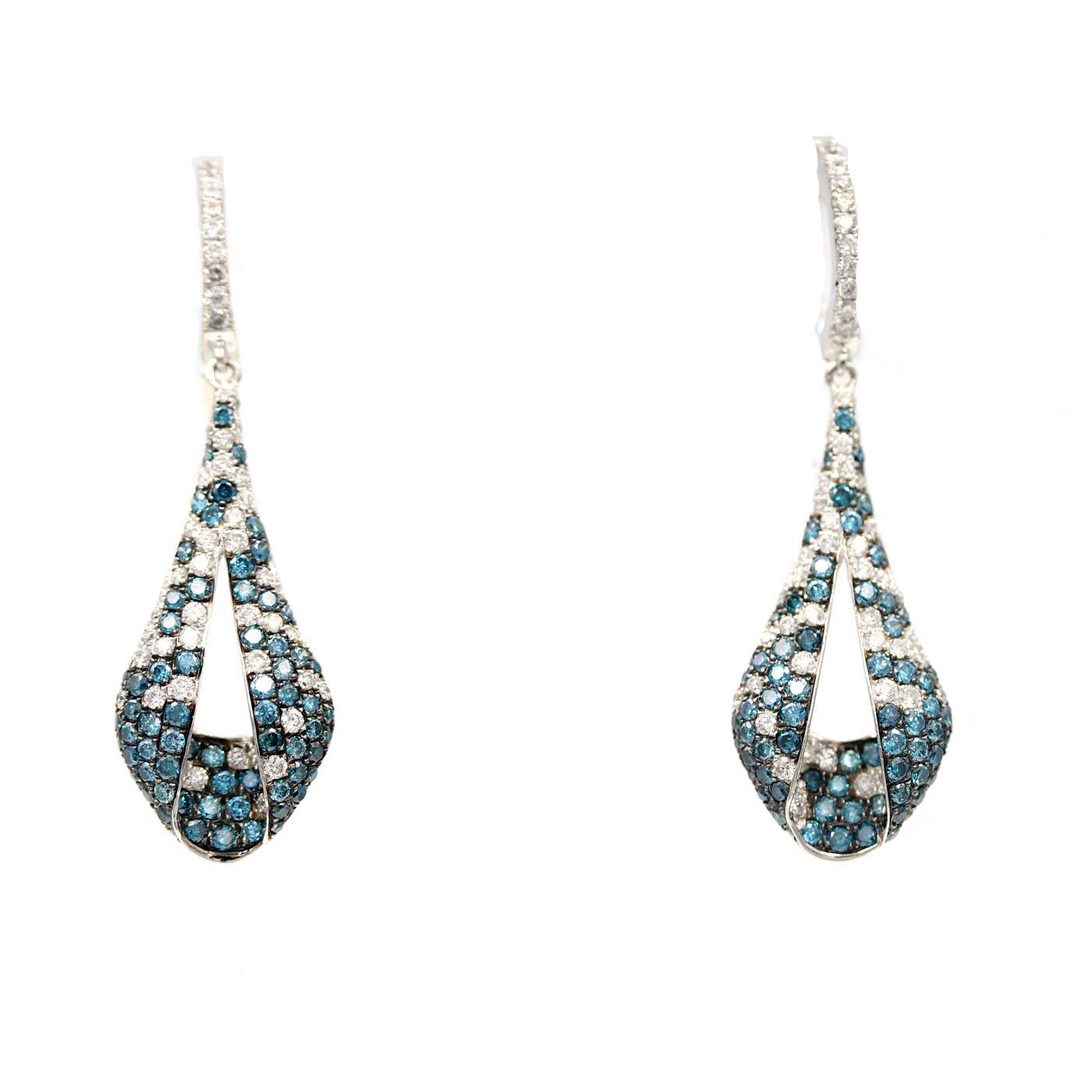 14K Gold Blue and White Diamond Drop Earrings