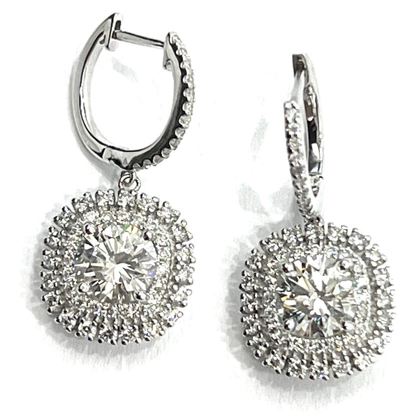 18K White Gold Double Halo Diamond Drop Earrings