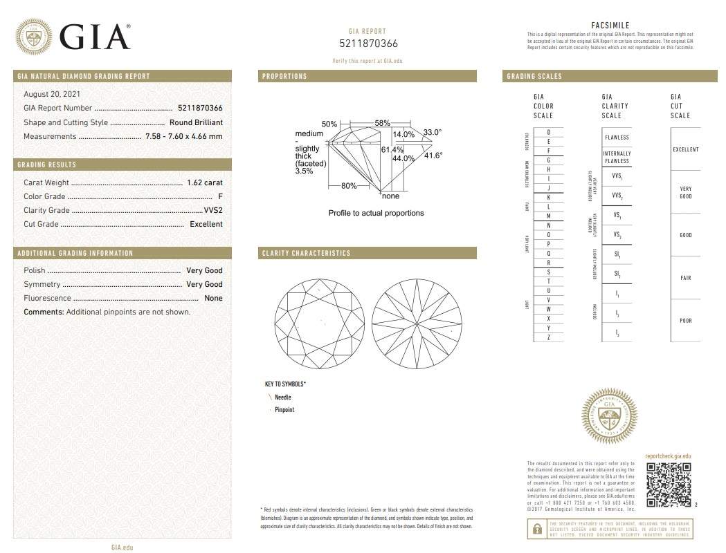14K White Gold 1.62Ct Round Brilliant Diamond Ring (GIA Grading Report  (F/VVS2  Cut  X/VG/VG)