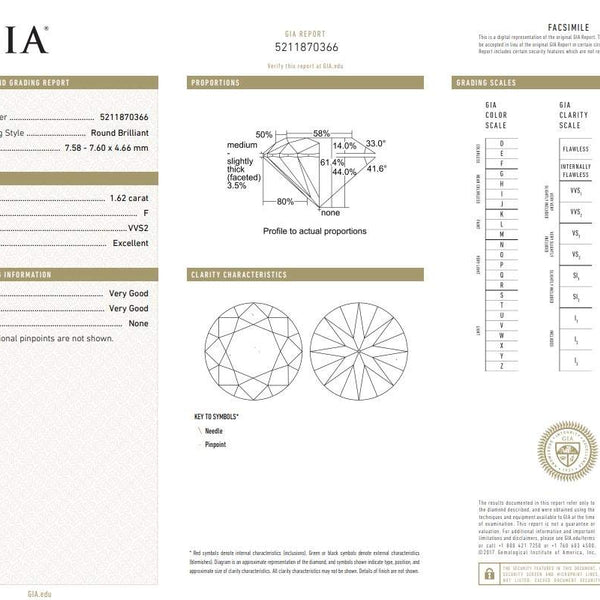 14K White Gold 1.62Ct Round Brilliant Diamond Ring (GIA Grading Report  (F/VVS2  Cut  X/VG/VG)