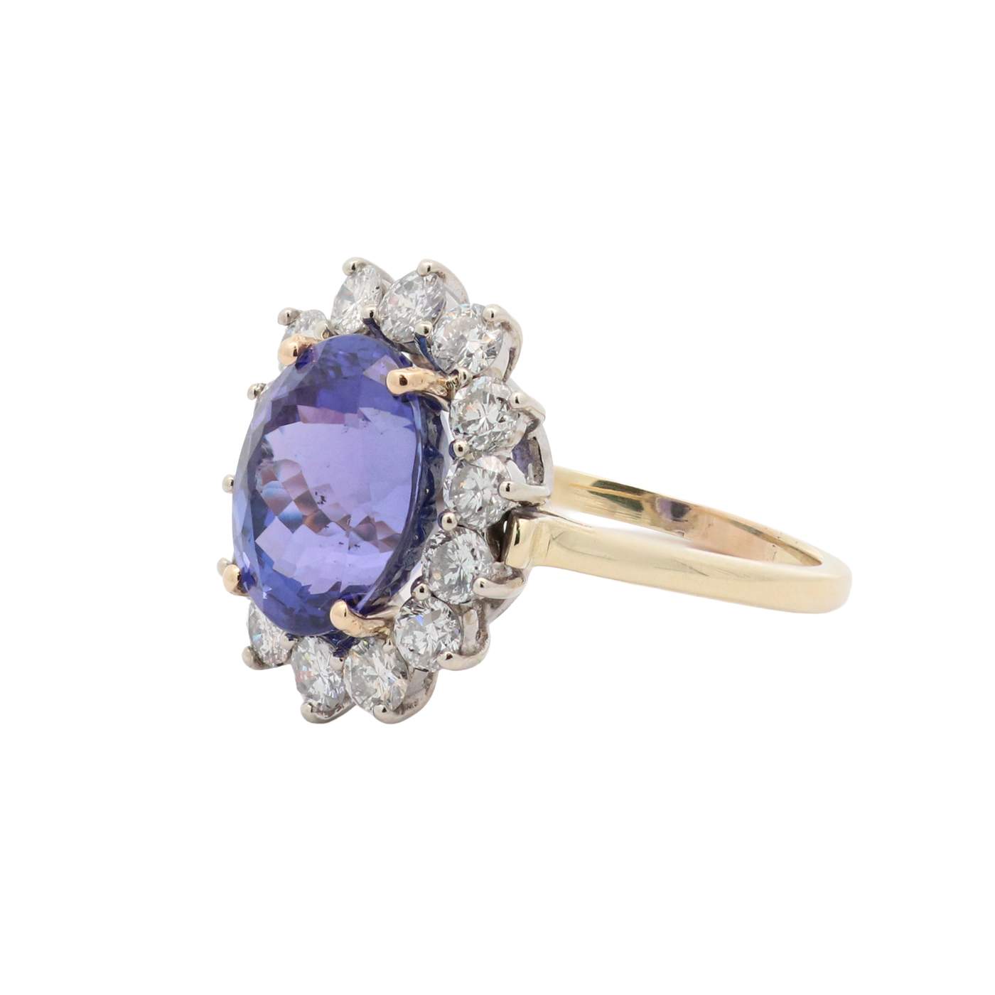 14K Yellow Gold  6.34Ctw Faceted Oval Tanzanite (11.97x9.72x7.55mm) And Round  ~1.70Ctw Diamond Halo Ring. Provident Jewelery