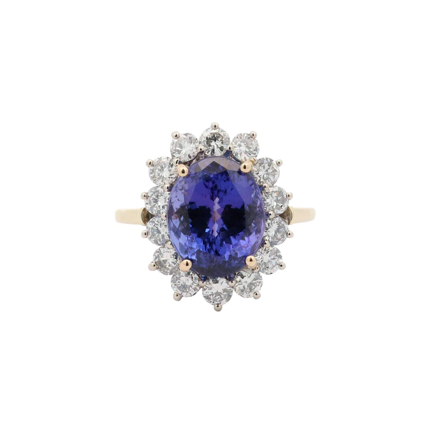 14K Yellow Gold  6.34Ctw Faceted Oval Tanzanite (11.97x9.72x7.55mm) And Round  ~1.70Ctw Diamond Halo Ring. Provident Jewelery