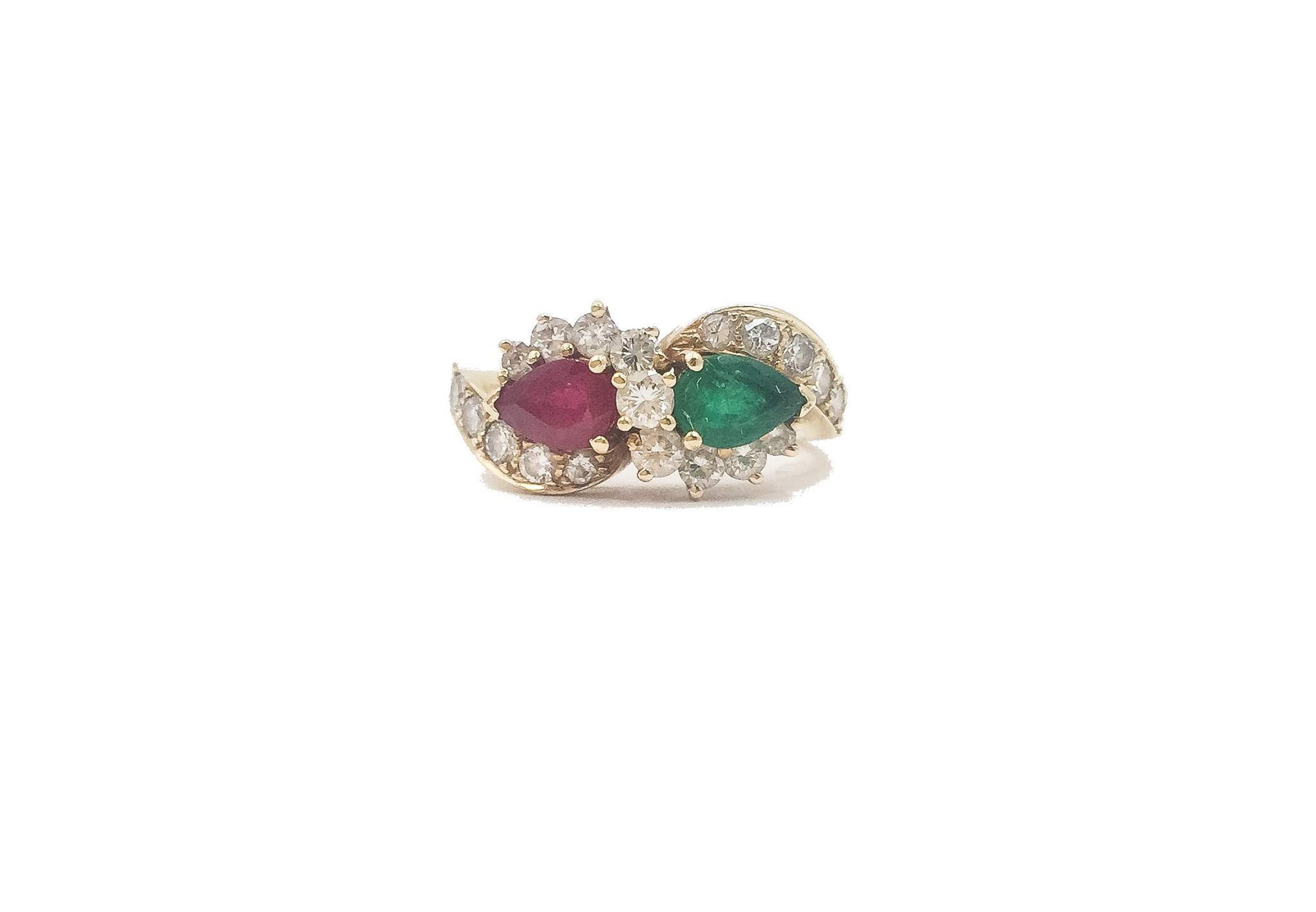 14K Yellow Gold Ruby Emerald Diamond Bypass Ring