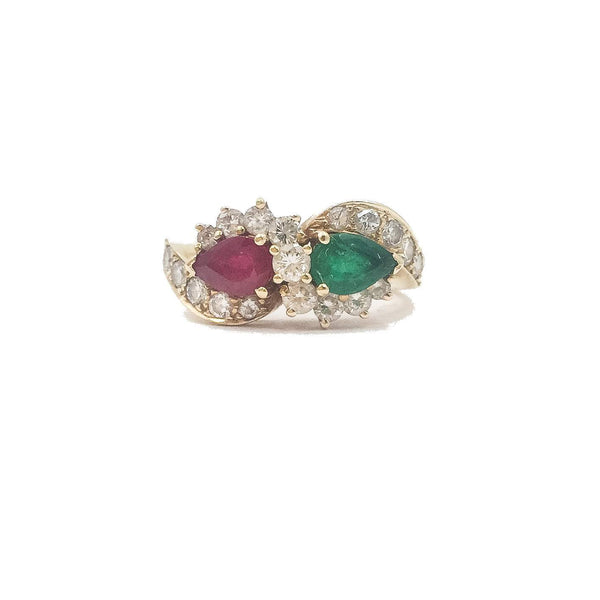 14K Yellow Gold Ruby Emerald Diamond Bypass Ring