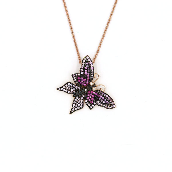 18K Rose Gold Butterfly With Pink Sapphire And Diamond With Box Chain