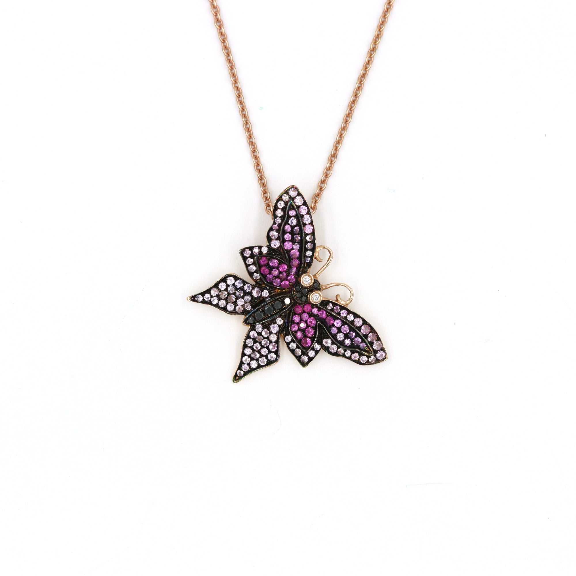18K Rose Gold Pink Sapphire Diamond Butterfly Necklace