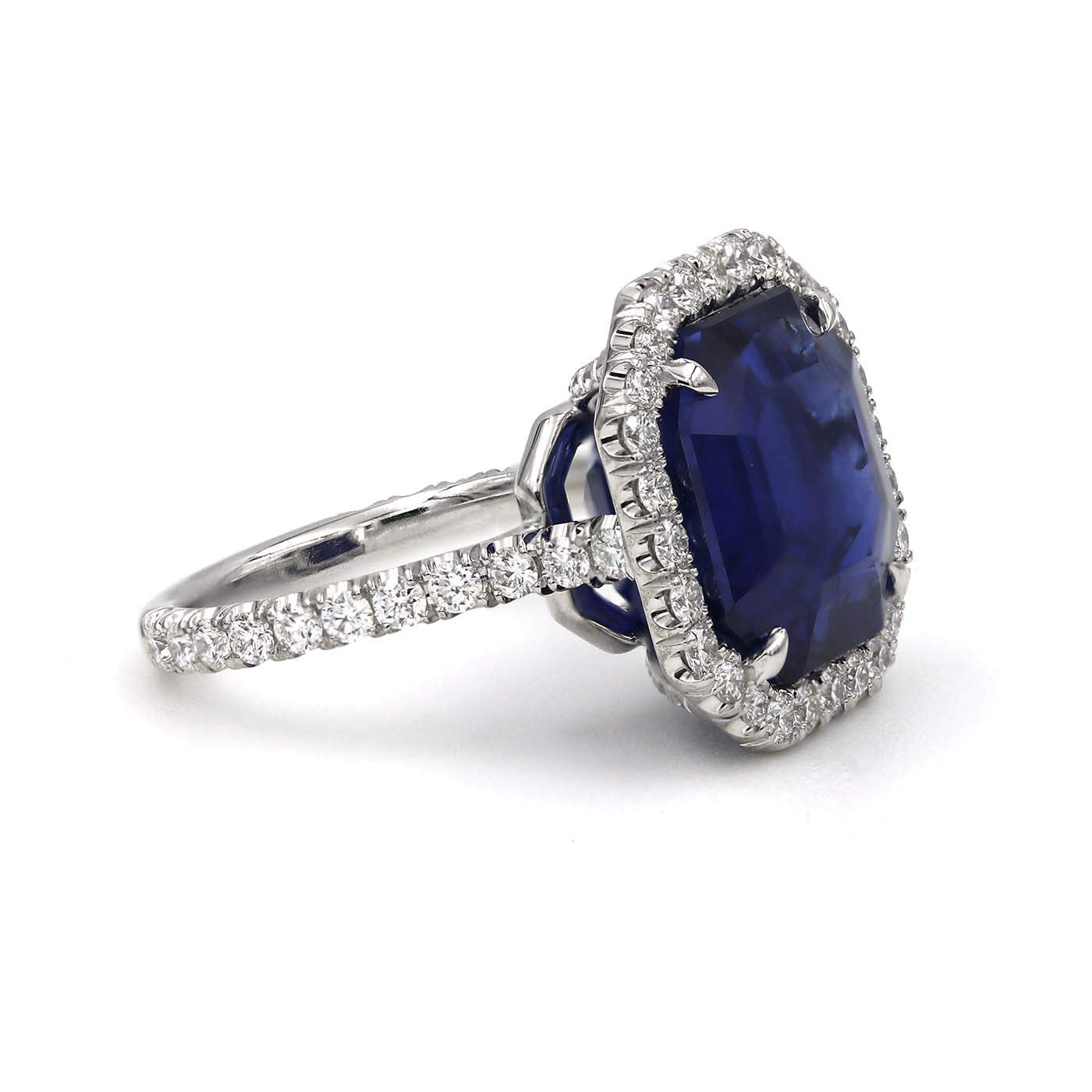Platinum Ceylon Sapphire and Diamond Halo Ring