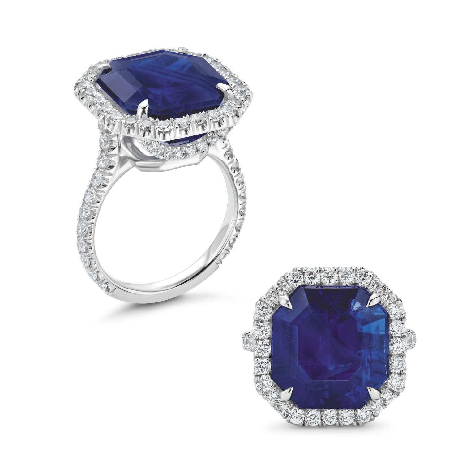 Platinum Ceylon Sapphire and Diamond Halo Ring