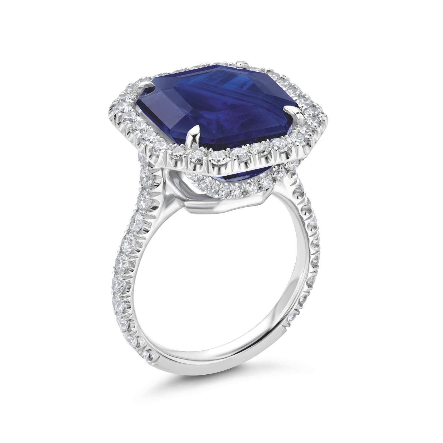 Platinum Ceylon Sapphire and Diamond Halo Ring